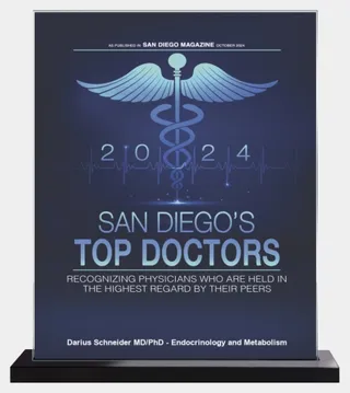 San Diego's Top Doctors 2024 badge, Darius Schneider MD PhD, Endocrinology and Metabolism, San Diego Magazine